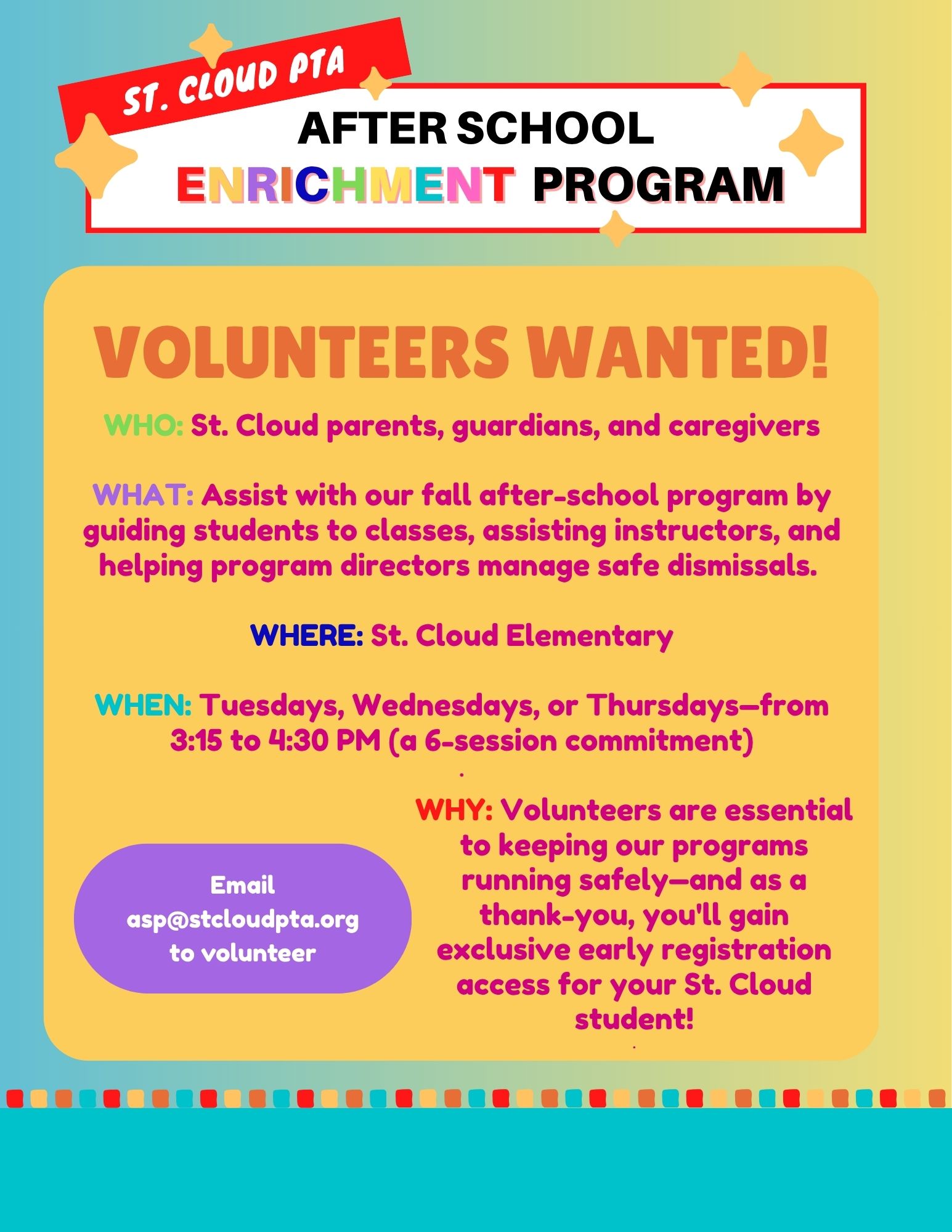 After School Program volunteers wanted: six sessions on Tuesdays, Wednesdays, or Thursdays
