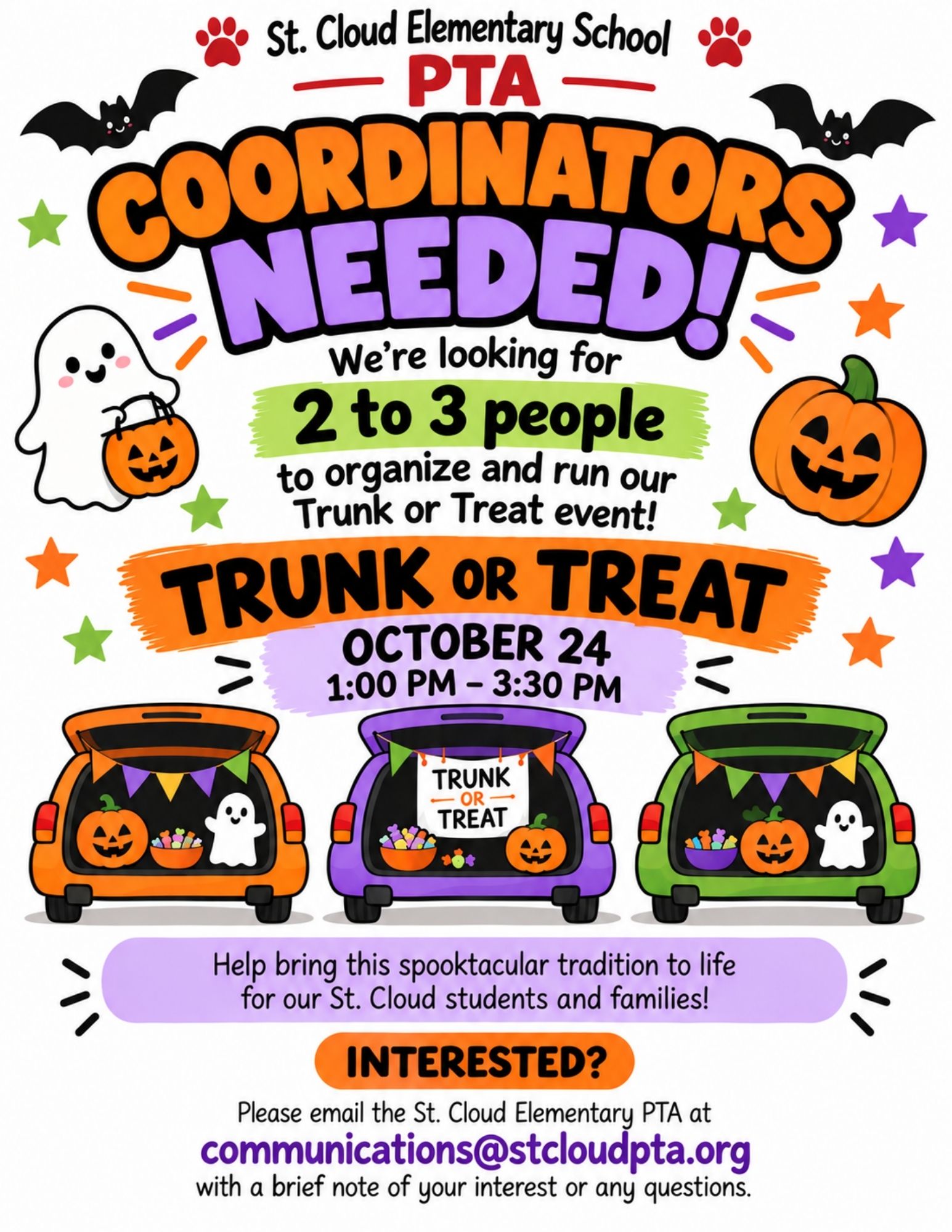 Coordinators needed for Trunk or Treat on October 24, 1–3:30 PM